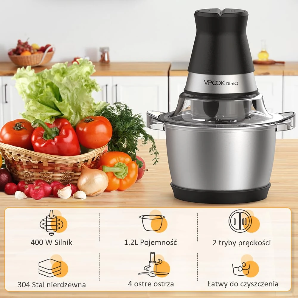 Vpcok Direct elektrinis virtuvinis smulkintuvas 1,2 l talpa 400 W nerūdijančio plieno DE5666