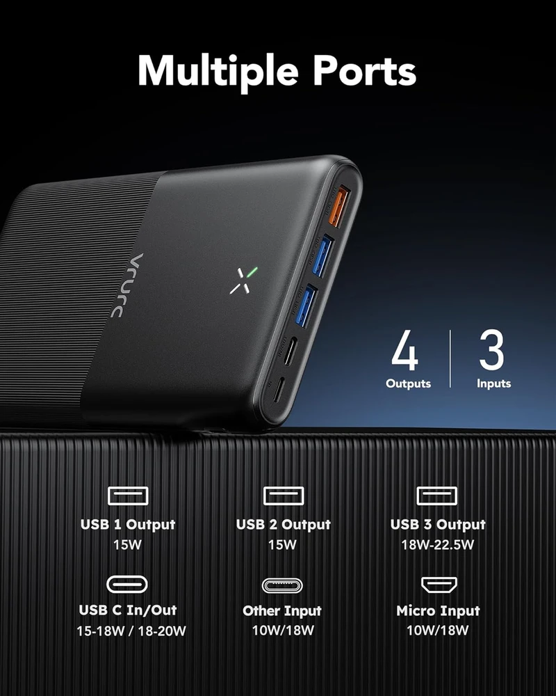 VRURC išorinė baterija 30000 mAh, 22,5 W, USB-C, 4 išvestys, T3016