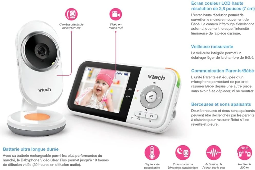 VTech vaizdo auklė su 2,8 col. IPS ekranu, naktiniu matymu ir interkomu BM3254