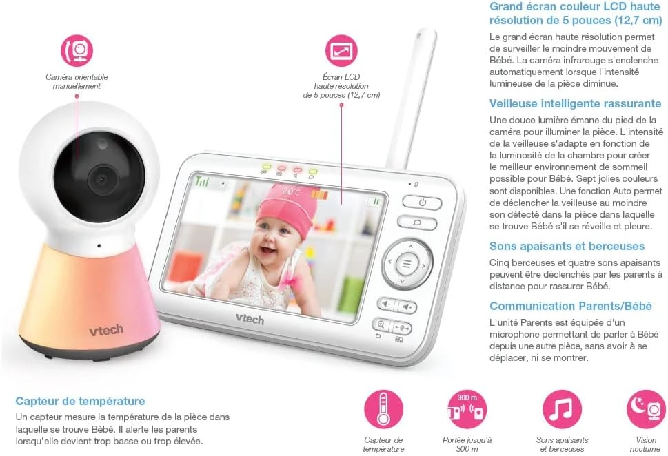 VTech vaizdo auklė su 5 colių ekranu, naktine lempute ir lopšinėmis BM5254