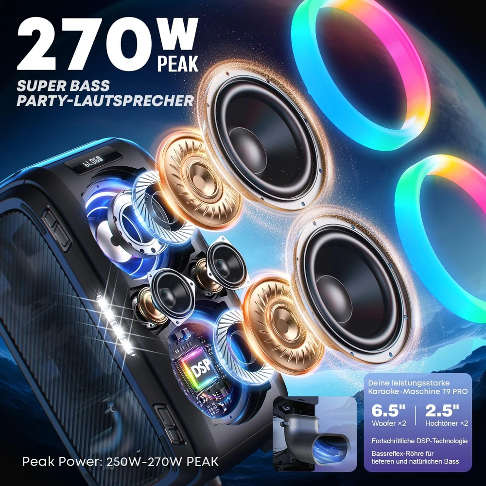 W-KING Bluetooth nešiojama garso kolonėlė 270 W, 6,5 colio žemųjų dažnių garsiakalbis, IPX5, T9 Pro