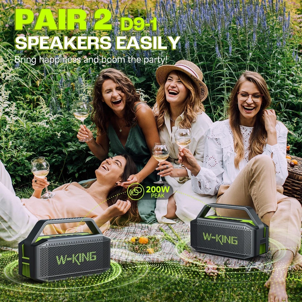 W-KING nešiojama Bluetooth garso kolonėlė 60 W IPX6 atspari vandeniui, stereofoninis garsas, 40 h veikimo su NFC, AUX, TF, mikrofonas, D9-1