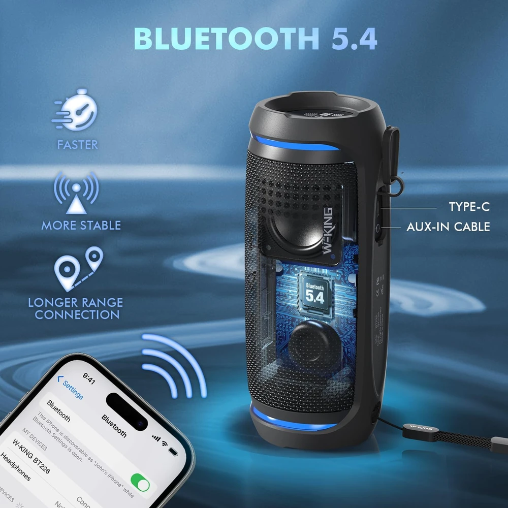 W-KING nešiojama Bluetooth kolonėlė 36 W IPX6 atsparumas vandeniui Bluetooth 5.4 DSP BT226