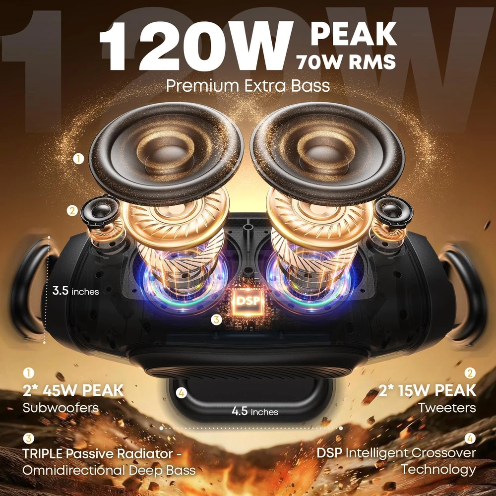 W-KING nešiojama Bluetooth kolonėlė 70 W, IPX6, stiprūs žemieji dažniai, iki 42 val. grojimo, mikrofonas, X10