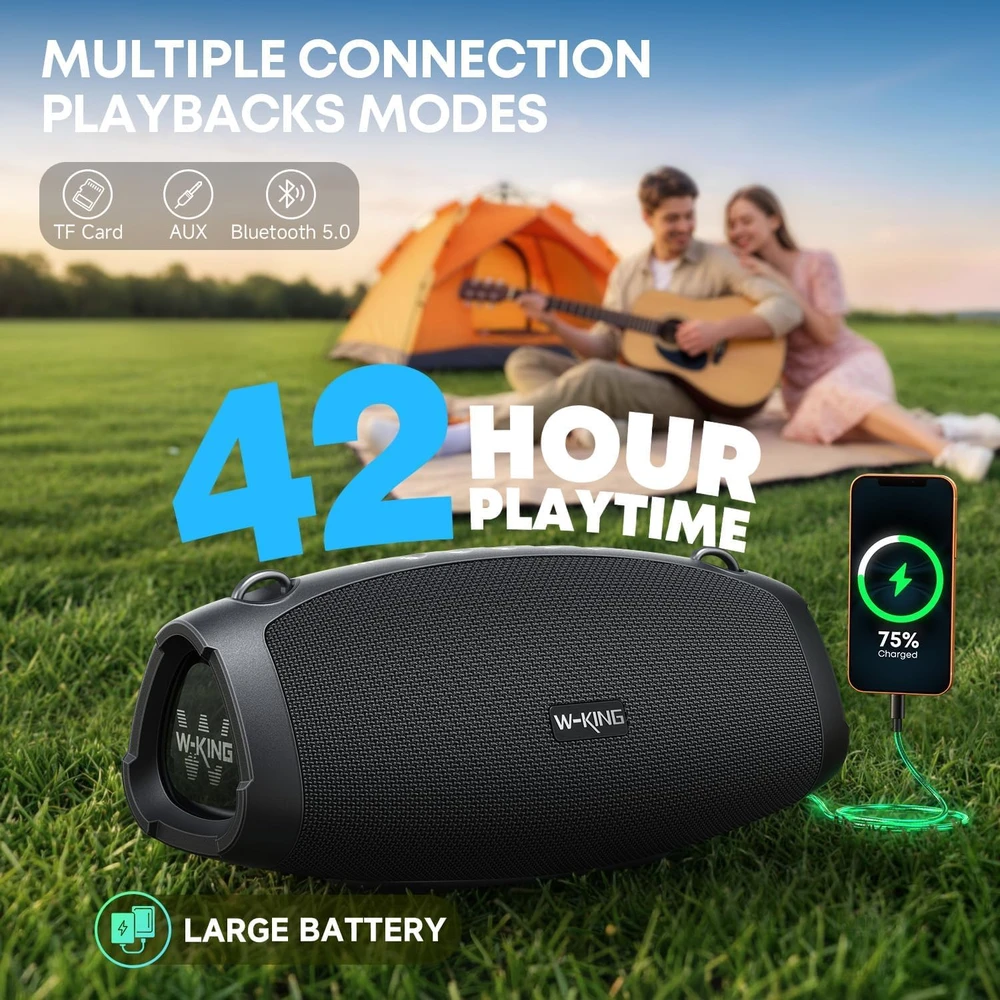 W-KING nešiojama Bluetooth kolonėlė 70 W, IPX6, stiprūs žemieji dažniai, iki 42 val. grojimo, mikrofonas, X10