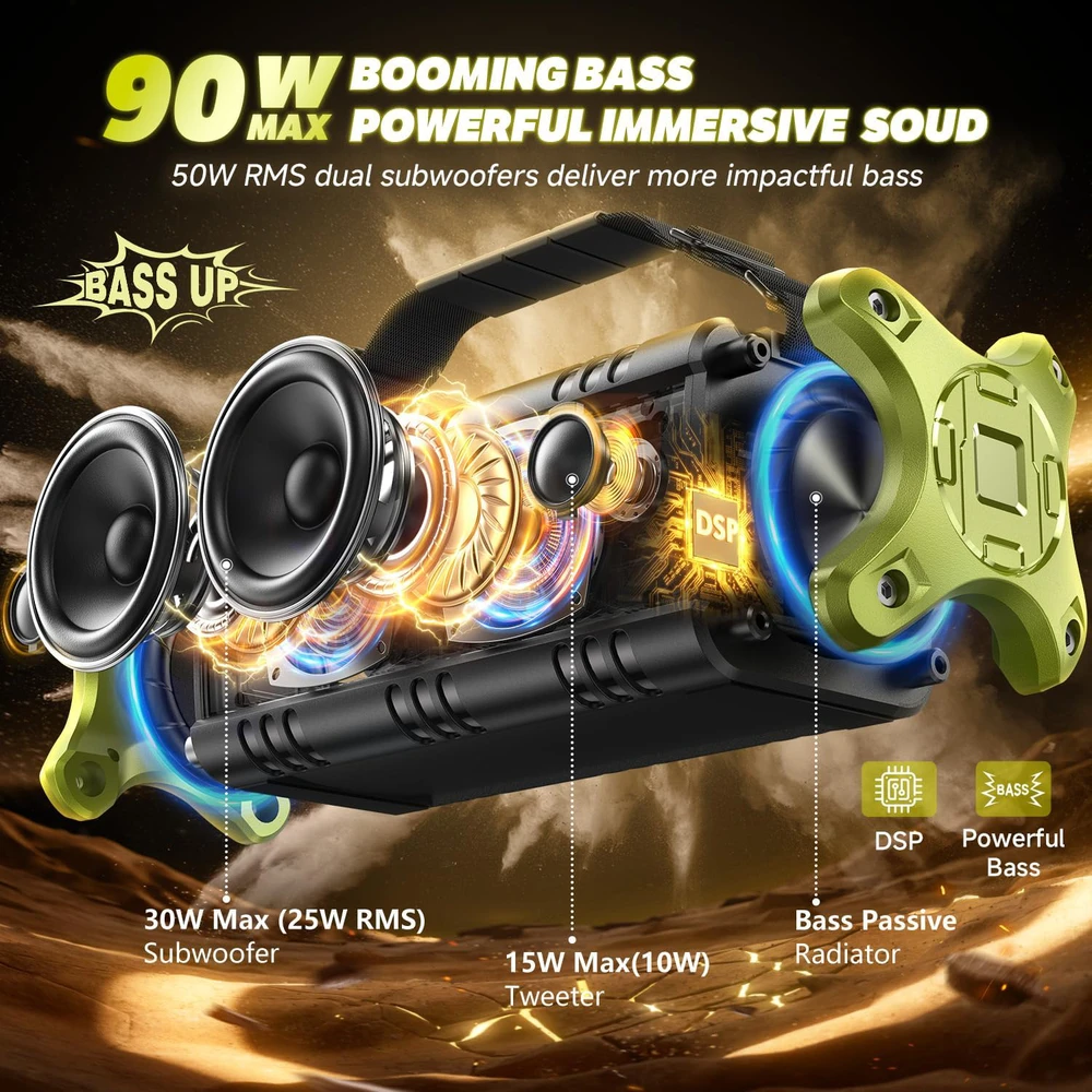 W-KING nešiojama Bluetooth kolonėlė 90W, 50W RMS, IPX6, NFC, 5200mAh, D8