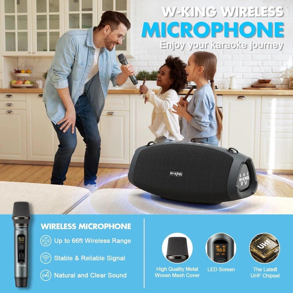 W-KING nešiojama Bluetooth kolonėlė su belaidžiu mikrofonu, 70 W RMS, IPX6, X10 MIC
