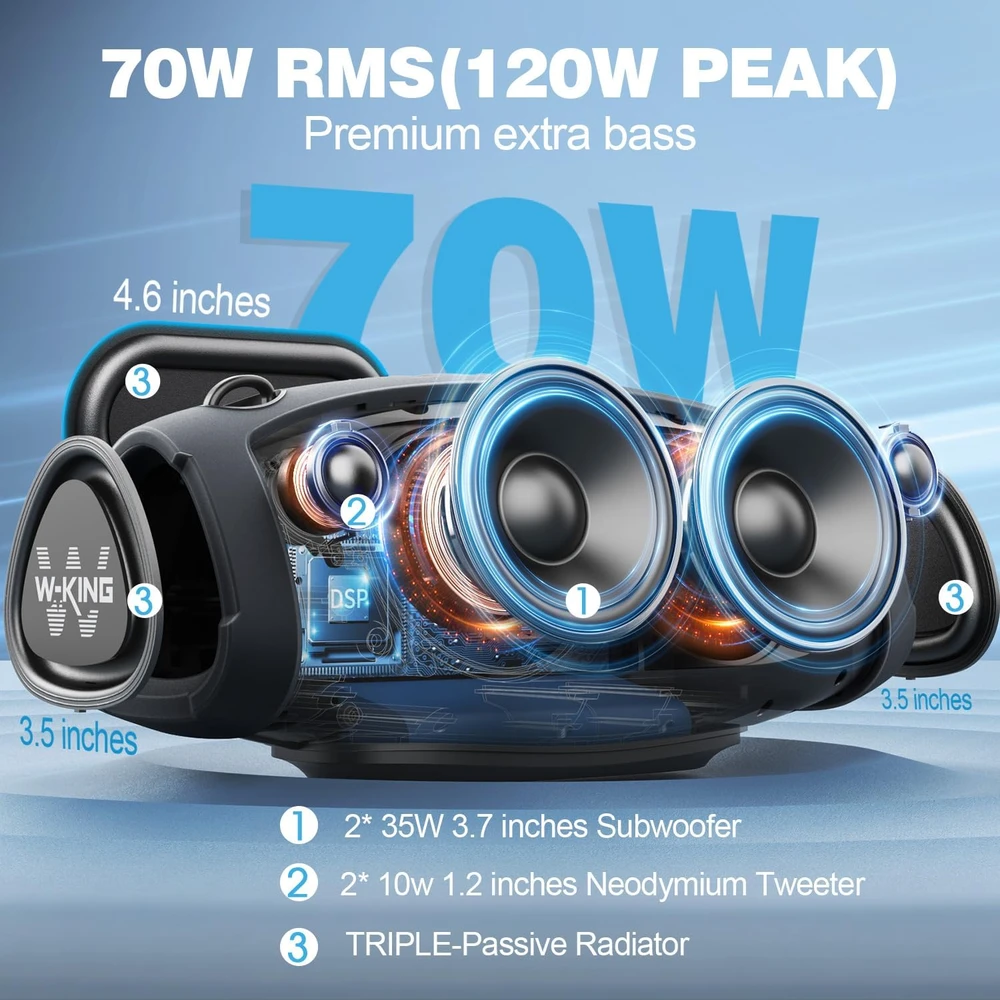W-KING nešiojama Bluetooth kolonėlė su belaidžiu mikrofonu, 70 W RMS, IPX6, X10 MIC