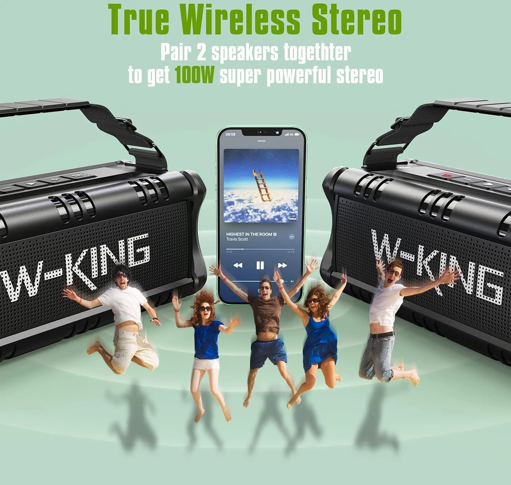 W-KING nešiojamas Bluetooth garsiakalbis 50 W, IPX6, stereofoninis garsas, NFC, D8