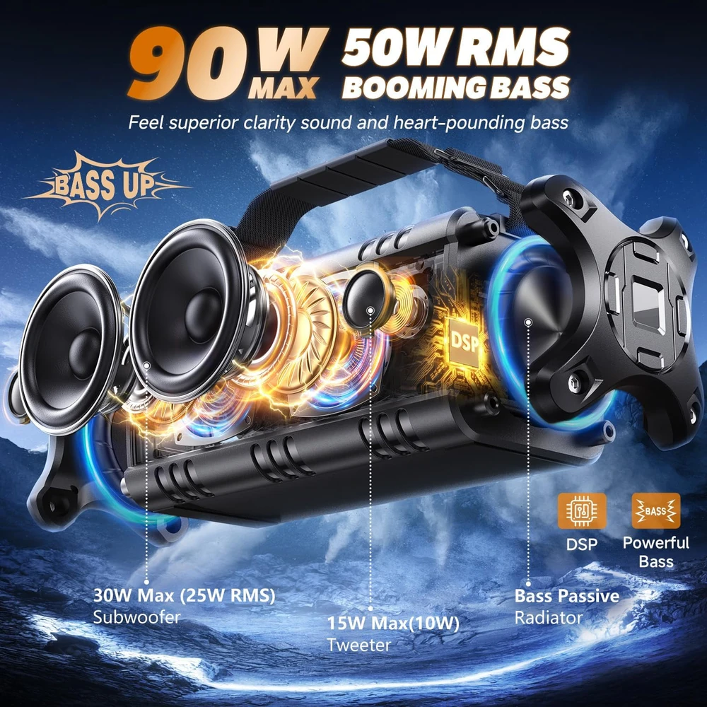 W-KING nešiojamas Bluetooth garsiakalbis 50 W, IPX6, stereofoninis garsas, NFC, D8