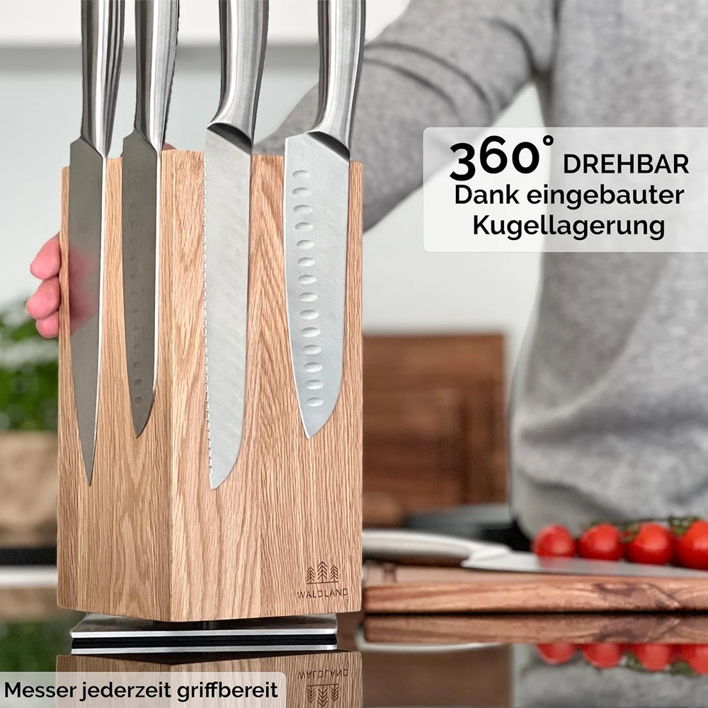 Waldland 360° magnetinis ąžuolinis peilių laikiklis-blokas, besisukantis, 8–12 peilių talpa