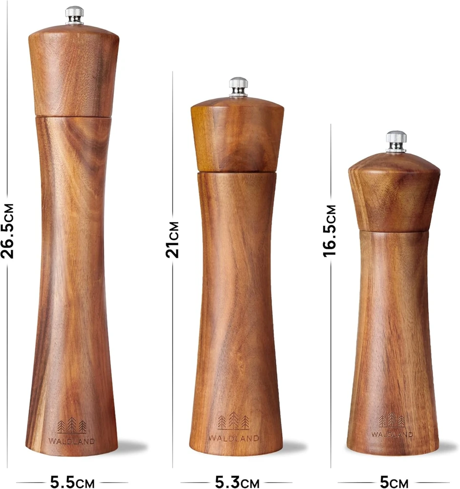 Waldland mediniai prieskonių malūnėliai su keraminiu mechanizmu, rinkinys su padėklu, 21 cm
