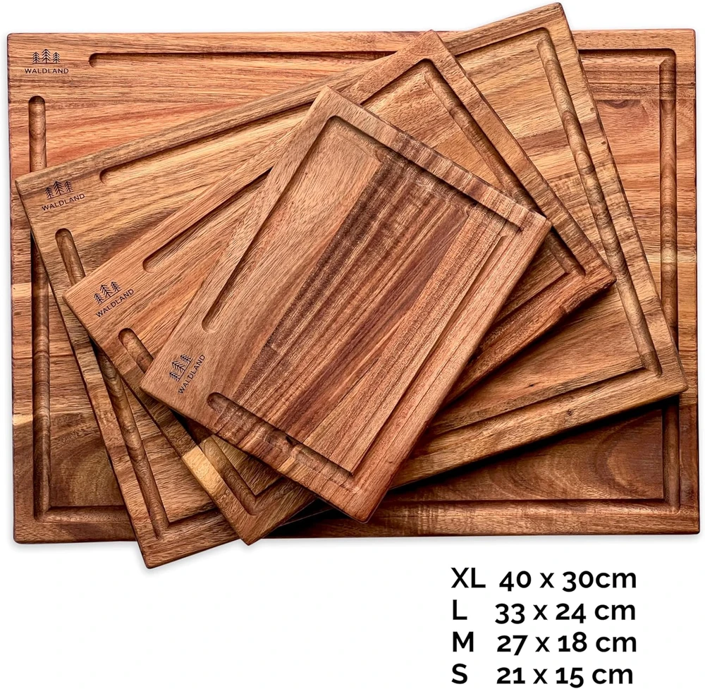 Waldland pjaustymo lentelių rinkinys su stovu, akacijos medis, 4 dydžiai (40 x 30, 33 x 24, 27 x 18, 21 x 15 cm)
