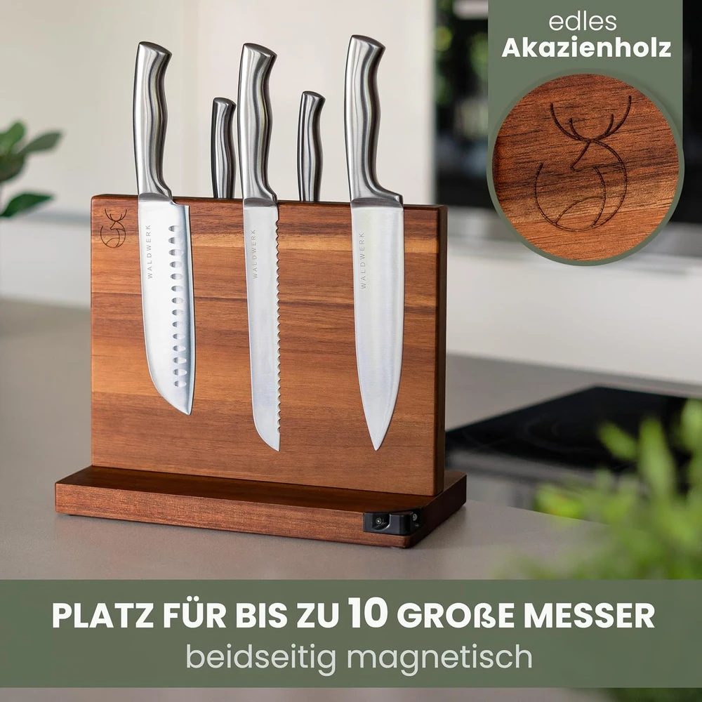 WALDWERK magnetinis dvipusis peilių blokas iš akacijos medžio, 31 cm pločio, su integruota galąstuve