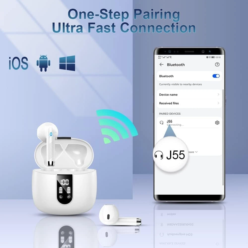 Wasart belaidės į ausis įdedamos Bluetooth 5.3 ausinės su ENC ir mikrofonais, J55