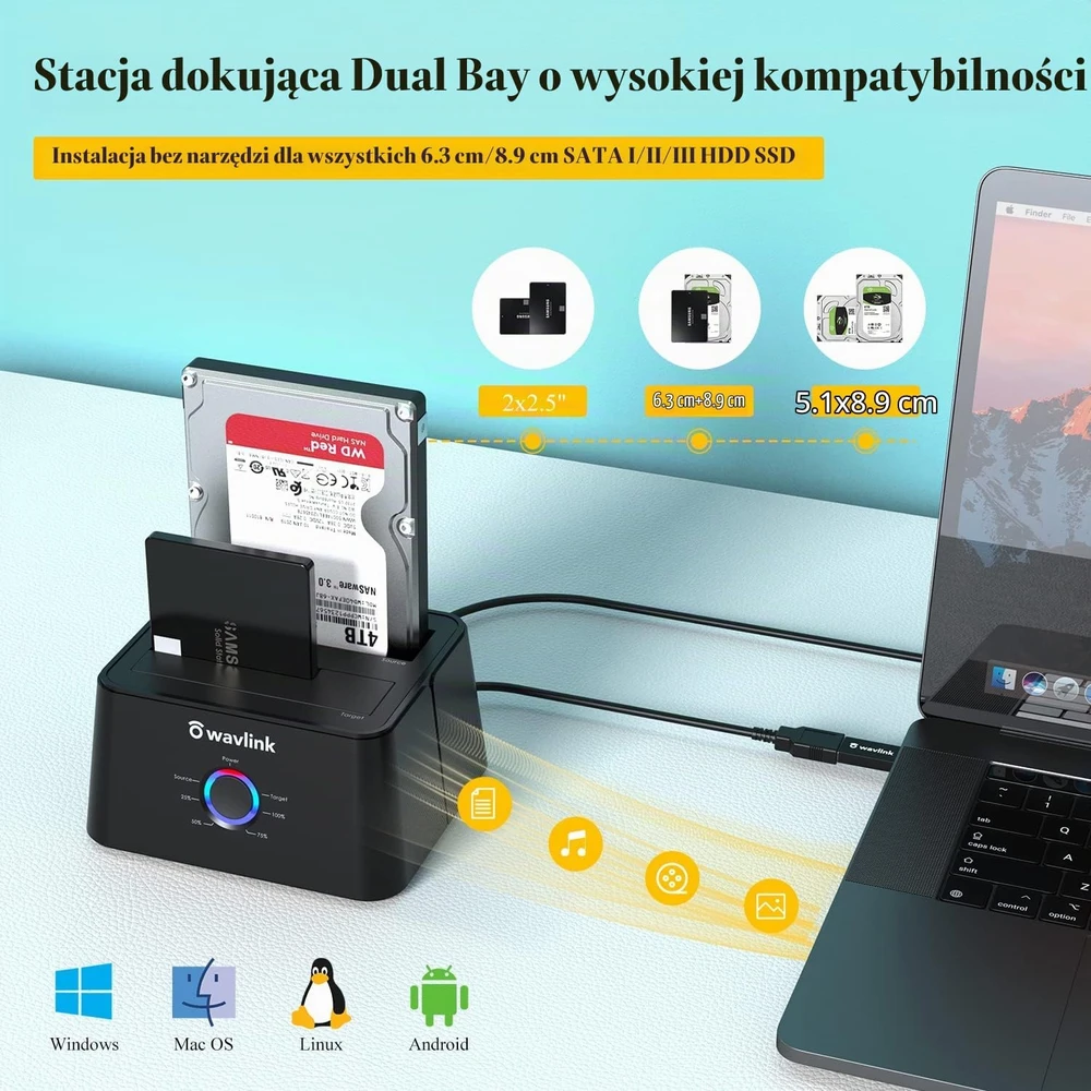 WAVLINK dviejų lizdų SATA diskų dokavimo stotelė USB 3.0 ir USB-C, WL-ST334U