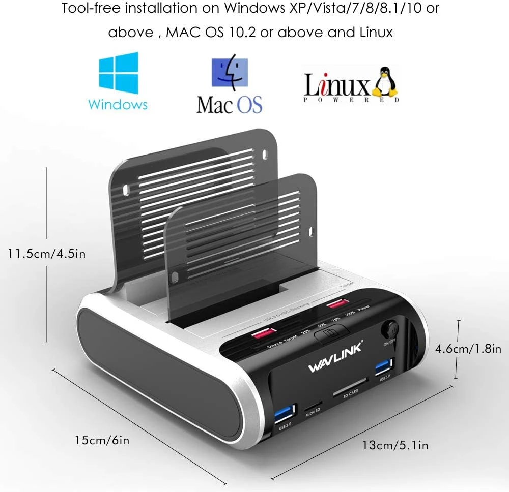 WAVLINK dviejų lizdų SATA HDD ir SSD dokavimo stotelė su USB 3.0 ir klonavimu RC-ST336A-EU
