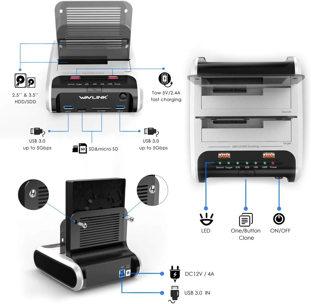 WAVLINK dviejų lizdų SATA HDD ir SSD dokavimo stotelė su USB 3.0 ir klonavimu RC-ST336A-EU