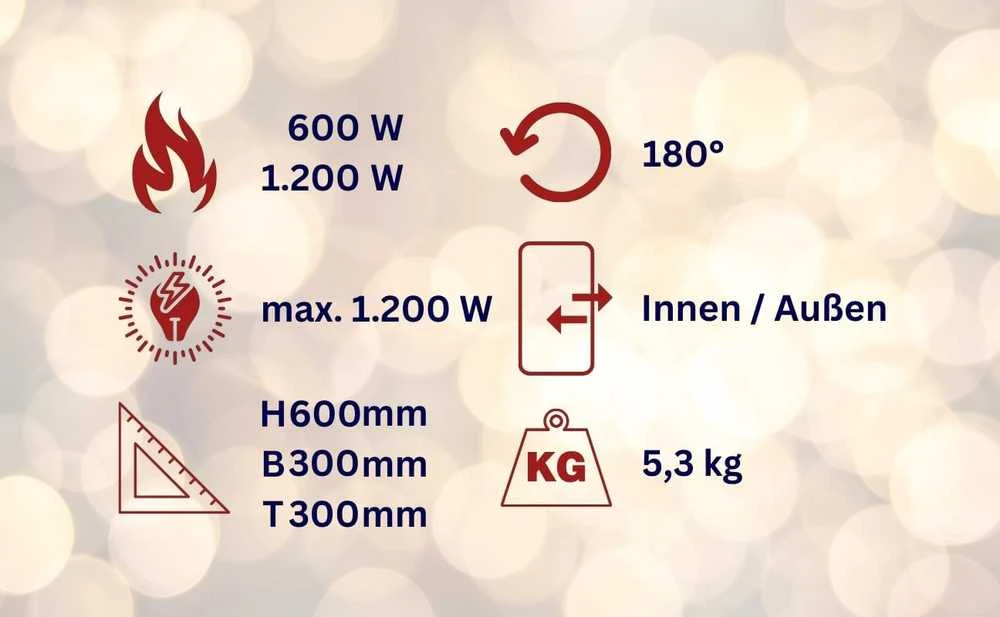 WDH infraraudonųjų spindulių šildytuvas, 600/1200 W, su 180° pasukimo funkcija, IP54, WDH-12HL