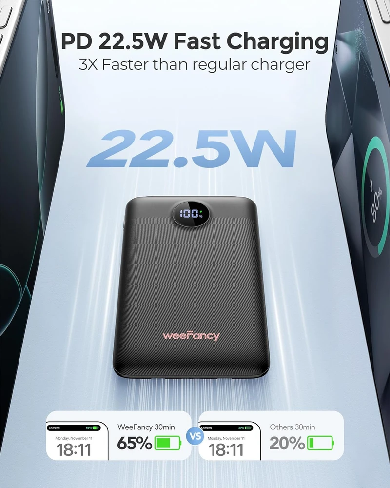WeeFancy išorinis akumuliatorius 10000 mAh, 22,5 W, PD, QC, su integruotais laidais, WF103C
