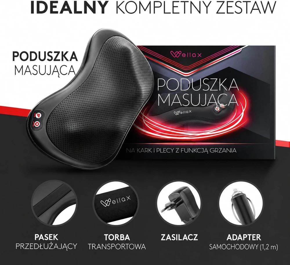 Wellax Shiatsu masažinė pagalvė su šildymu, 360° sukimu ir 3 greičiais We003