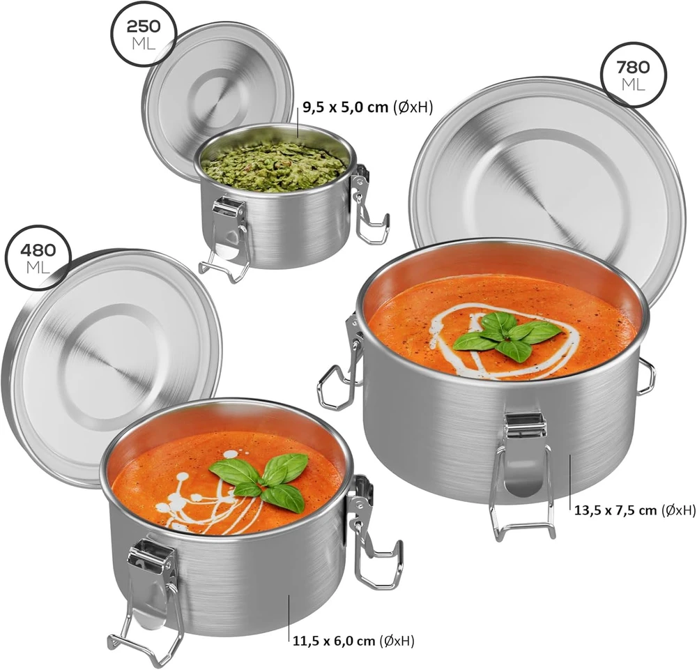WELLGRO apvalių nerūdijančiojo plieno maisto dėžučių rinkinys, 250–780 ml, 3 vnt.