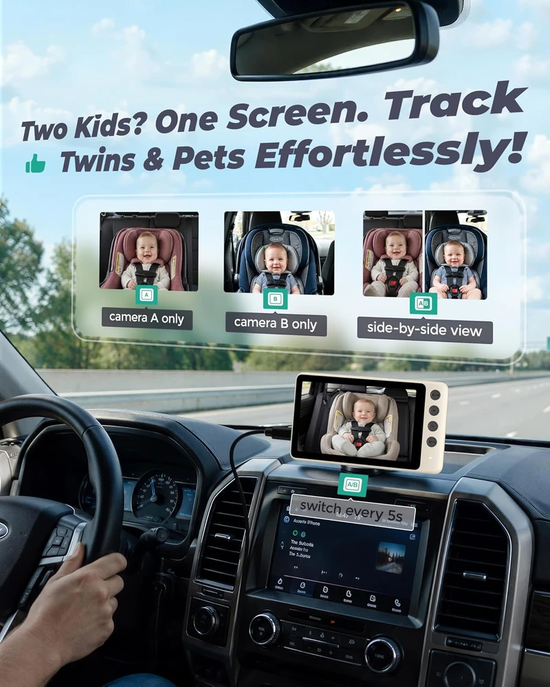 WEMOH automobilinė kūdikio stebėjimo kamera su 2 kameromis, 5 colių IPS 1080p ekranu MAA004-WE