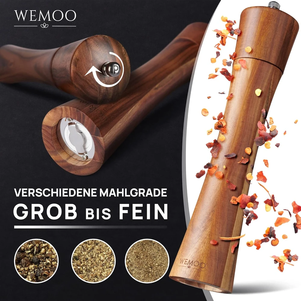 Wemoo medinis prieskonių malūnėlis su keraminiu mechanizmu, 25,5 cm, rinkinys su šaukštu ir šepetėliu