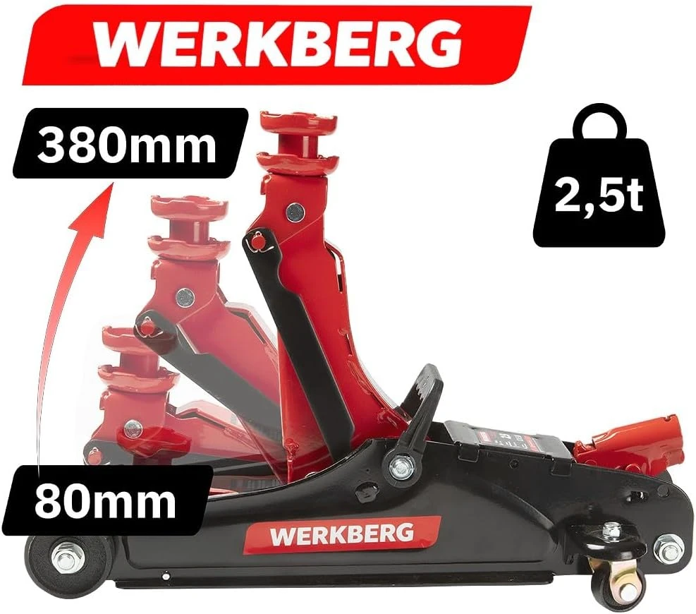 WERKBERG hidraulinis automobilio domkratas, niskoprofilinis, 2,5T, aukštis 80–380 mm