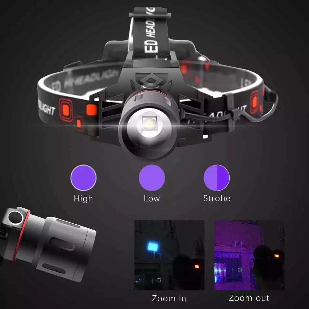 WESLITE UV LED žibintuvėlis galvai, 395 nm, USB įkrovimas, 3 režimai, lęšio reguliavimas