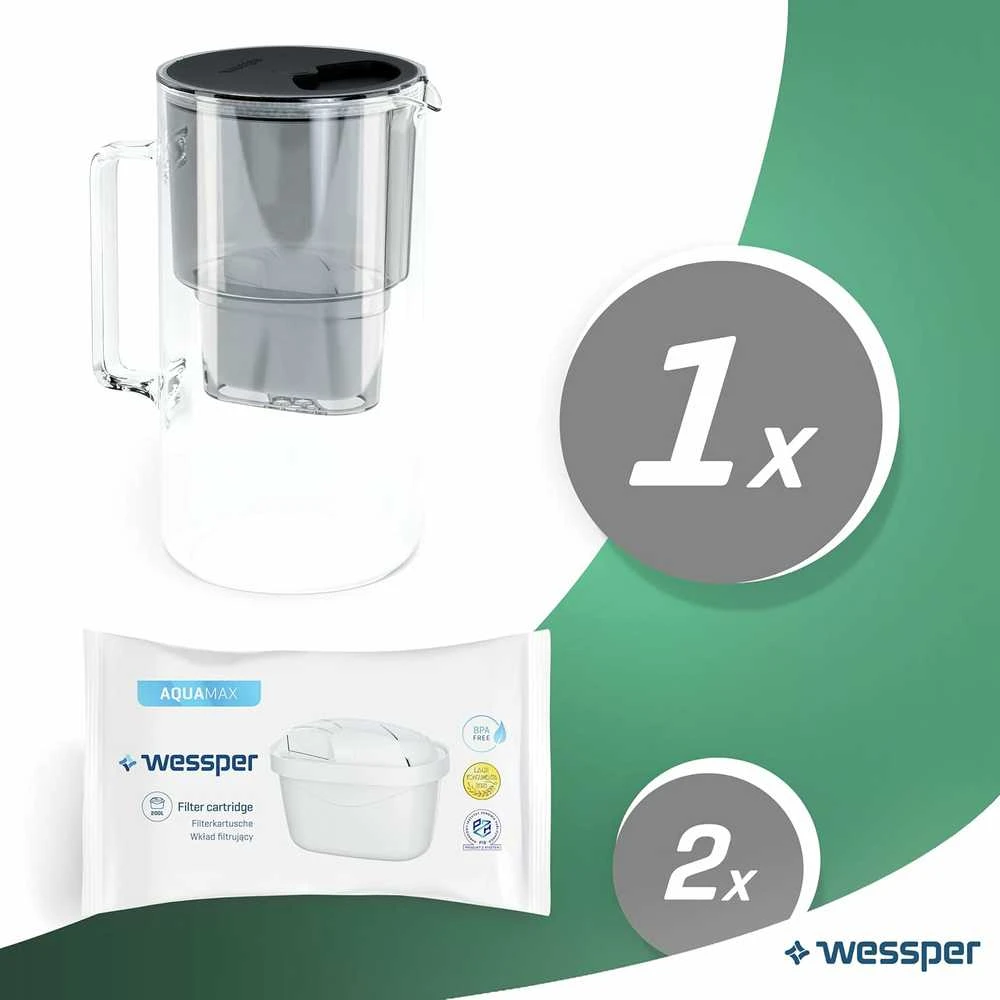 Wessper vandens filtruojantis ąsotis, borosilikatinio stiklo, 2,5 l, su filtrais, suderinamas su Brita Maxtra, juodas, AQUAMAX Crystalline