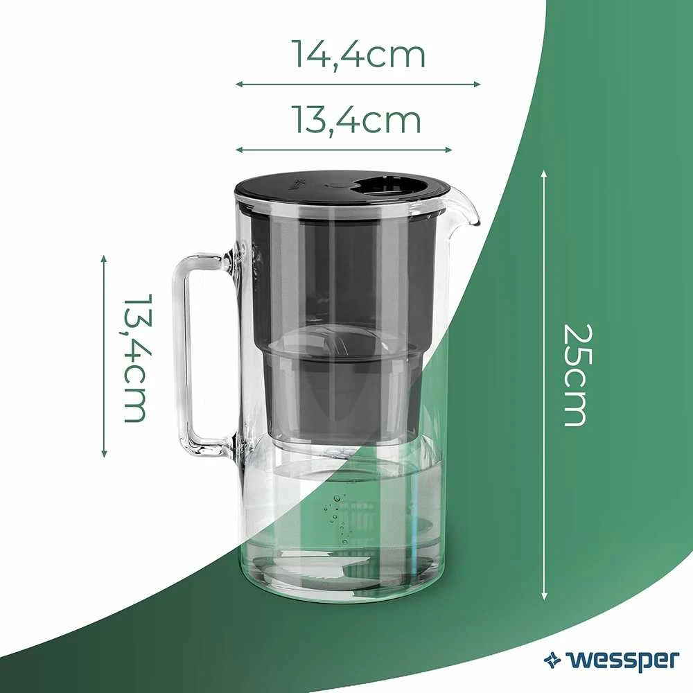 Wessper vandens filtruojantis ąsotis, borosilikatinio stiklo, 2,5 l, su filtrais, suderinamas su Brita Maxtra, juodas, AQUAMAX Crystalline