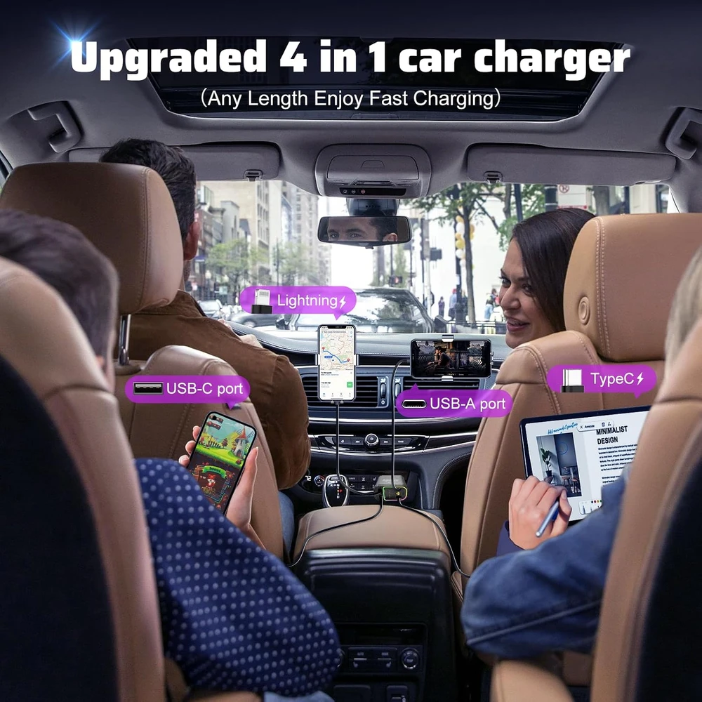 WHATOOK automobilinis įkroviklis 66 W USB-C/USB-A su integruotais Lightning ir USB-C laidais B1