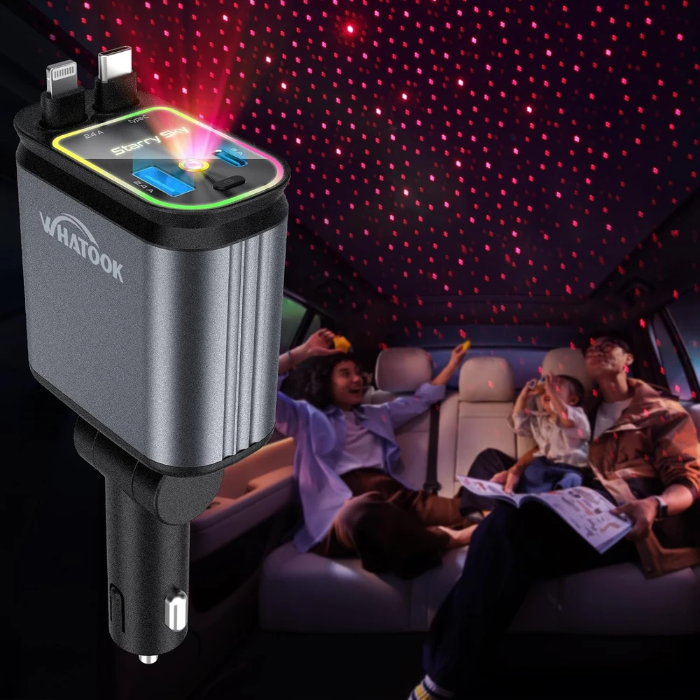 WHATOOK automobilinis įkroviklis 66 W USB-C/USB-A su integruotais Lightning ir USB-C laidais B1