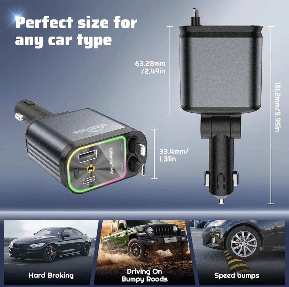 WHATOOK automobilinis įkroviklis 66 W USB-C/USB-A su integruotais Lightning ir USB-C laidais B1