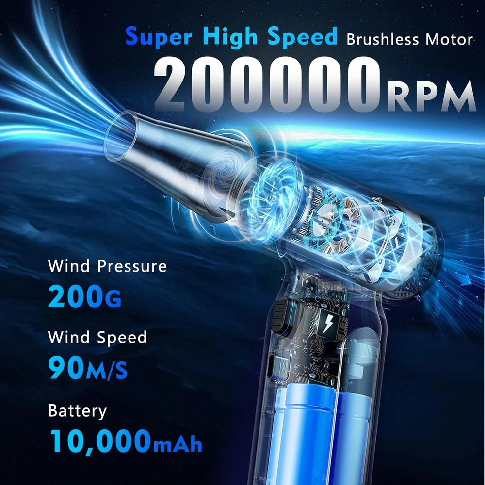 WHATOOK belaidis suslėgto oro pūstuvas kompiuteriui, 200000 aps./min., 10000 mAh, USB-C Air Duster