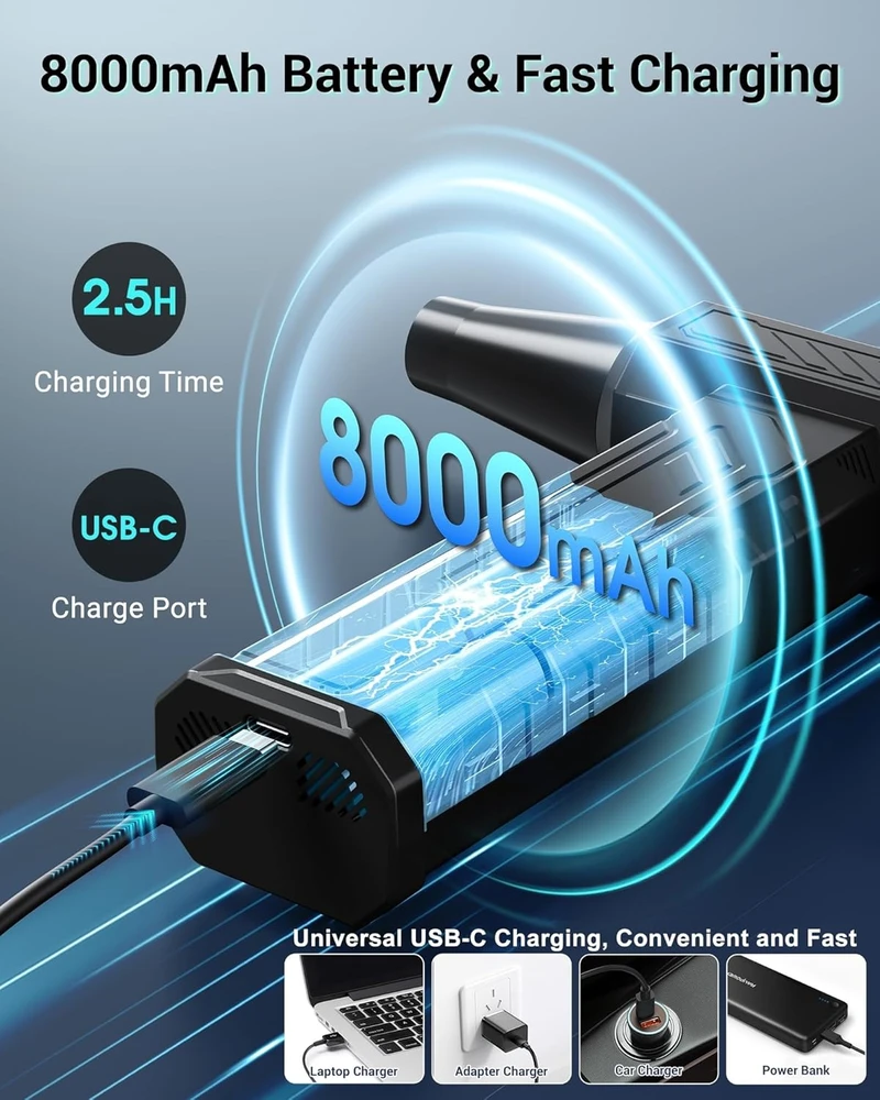 Valiklis WHATOOK elektrinė oro pūstuvė, 250000 aps./min, 8000 mAh, LED, USB-C, A1 Max