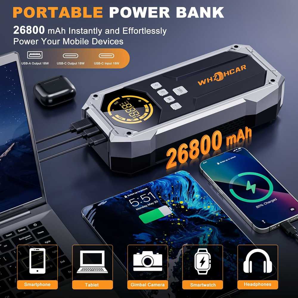 WHZOHCAR 26800 mAh automobilio startinis powerbankas su kompresoriumi 6000 A, 12 V
