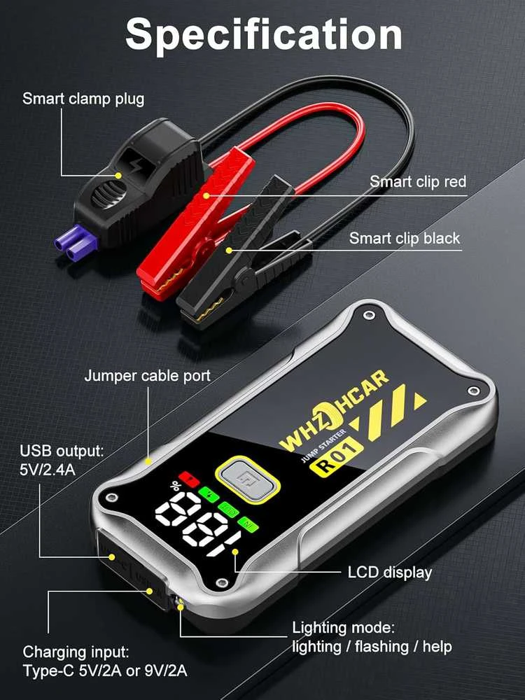 WHZOHCAR automobilinis starto powerbankas 4000 A, 12 V, 18 Ah, modelis R01