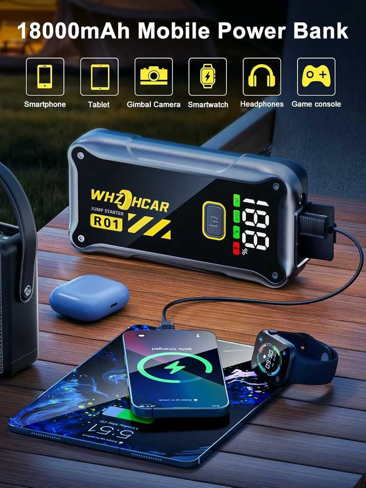 WHZOHCAR automobilinis starto powerbankas 4000 A, 12 V, 18 Ah, modelis R01