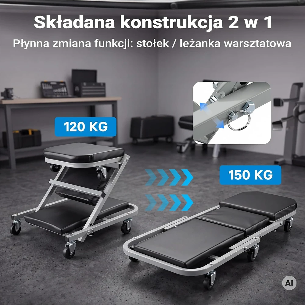 Wiltec 2 viename dirbtuvių gultas ir taburetė su 6 ratukais, iki 150 kg, 61192