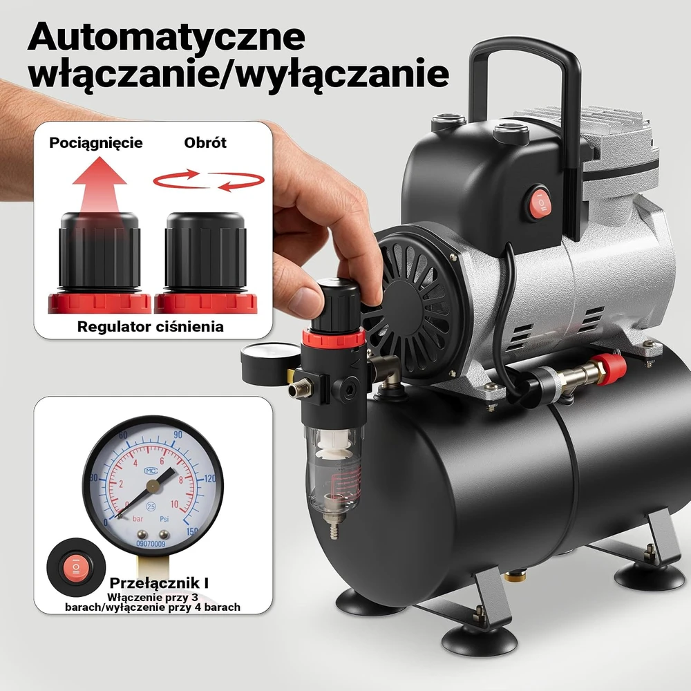 Wiltec aerografo stūmoklinis kompresorius 6 bar, 3 l su reduktoriumi AF189 34205