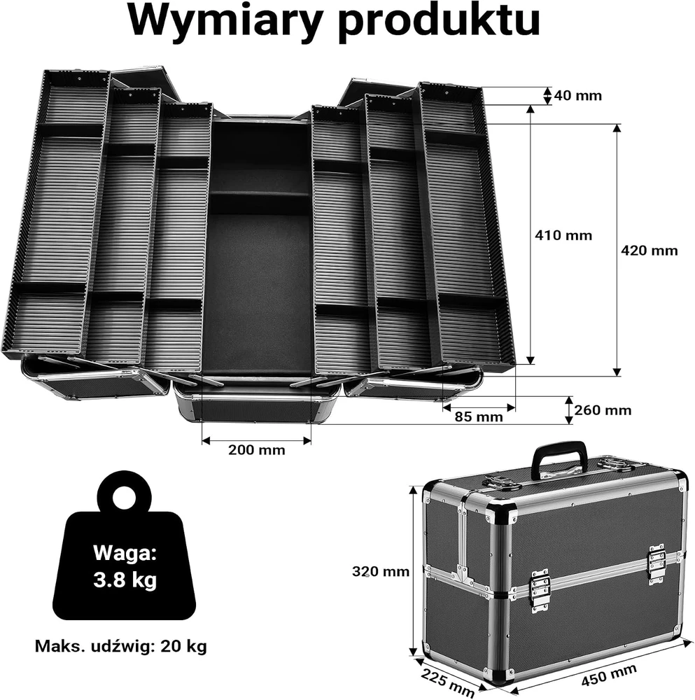 Wiltec aliumininis įrankių lagaminas su 12 pertvarų, 45 x 22,5 x 32 cm, 65017