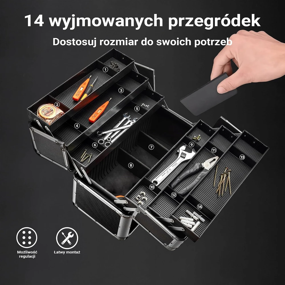 Wiltec aliumininis įrankių lagaminas su 12 pertvarų, 45 x 22,5 x 32 cm, 65017