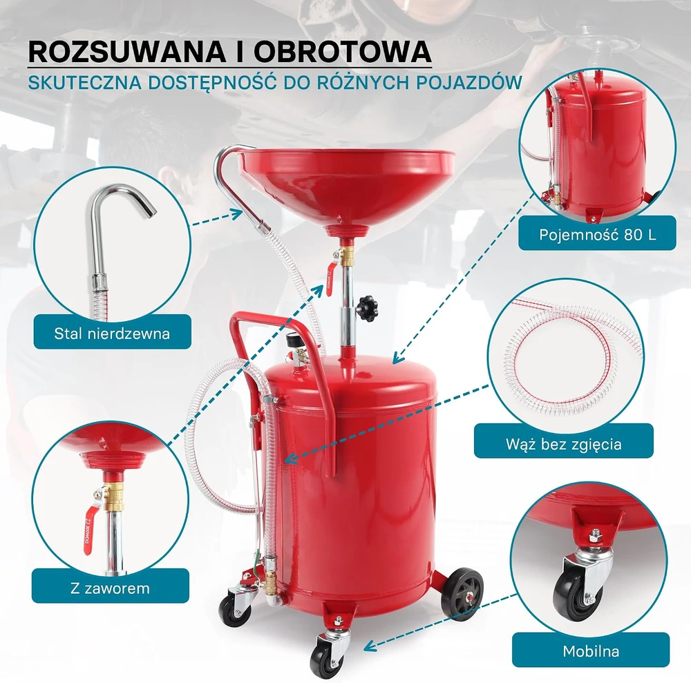 Wiltec alyvos surinkimo įrenginys 80 l su reguliuojamu 122–168 cm aukščiu, modelis 62573
