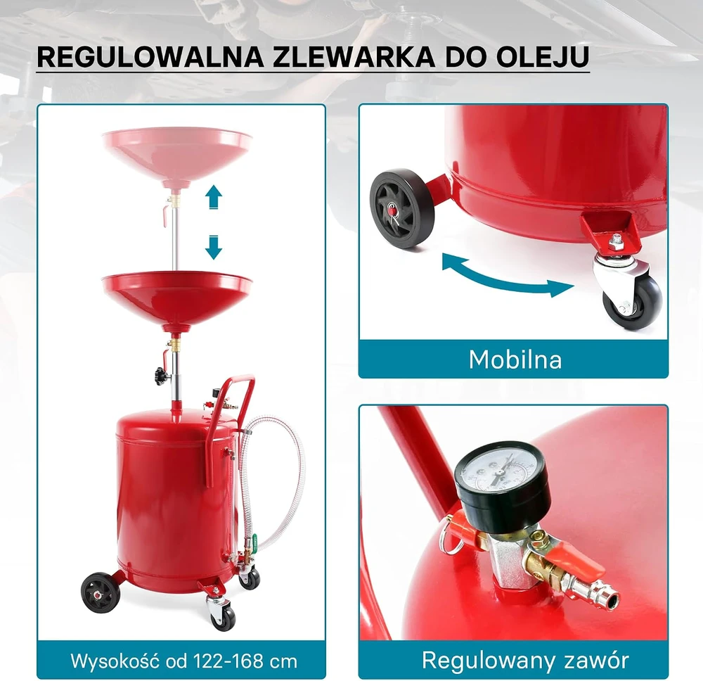 Wiltec alyvos surinkimo įrenginys 80 l su reguliuojamu 122–168 cm aukščiu, modelis 62573