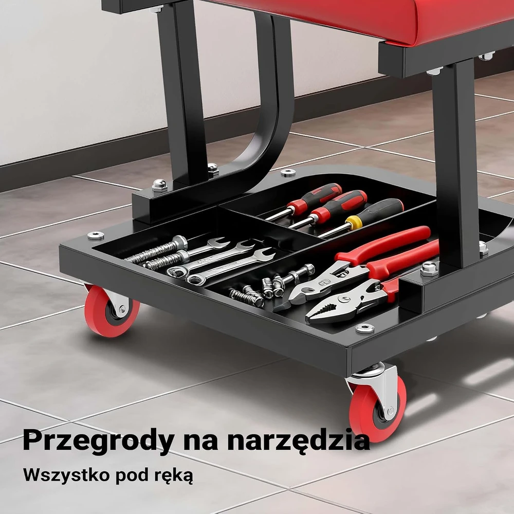 Wiltec dirbtuvių taburetė su ratukais, besisukančia sėdyne ir įrankių lentyna, 150 kg, 61021