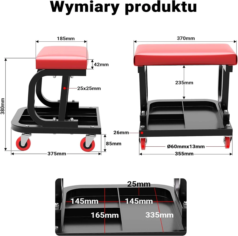Wiltec dirbtuvių taburetė su ratukais, besisukančia sėdyne ir įrankių lentyna, 150 kg, 61021