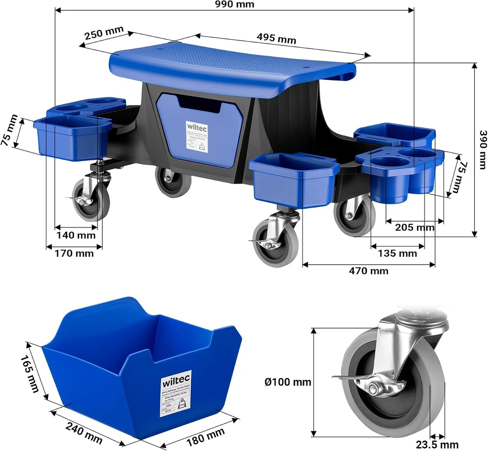 Wiltec dirbtuvių taburetė su stalčiumi ir 6 dėžutėmis, iki 150 kg, 99 x 47 x 39 cm, 65008