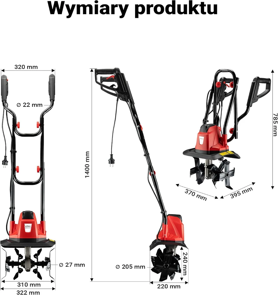 Wiltec elektrinis kultivatorius 1050 W, 380 aps./min., 220 mm darbinis gylis, 62862